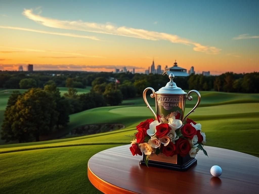 Flick International Serene golf course at dusk with Wanamaker Trophy and elegant floral arrangement