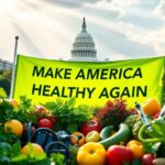 Flick International A vibrant scene depicting the Capitol building with a 'Make America Healthy Again' banner symbolizing health advocacy