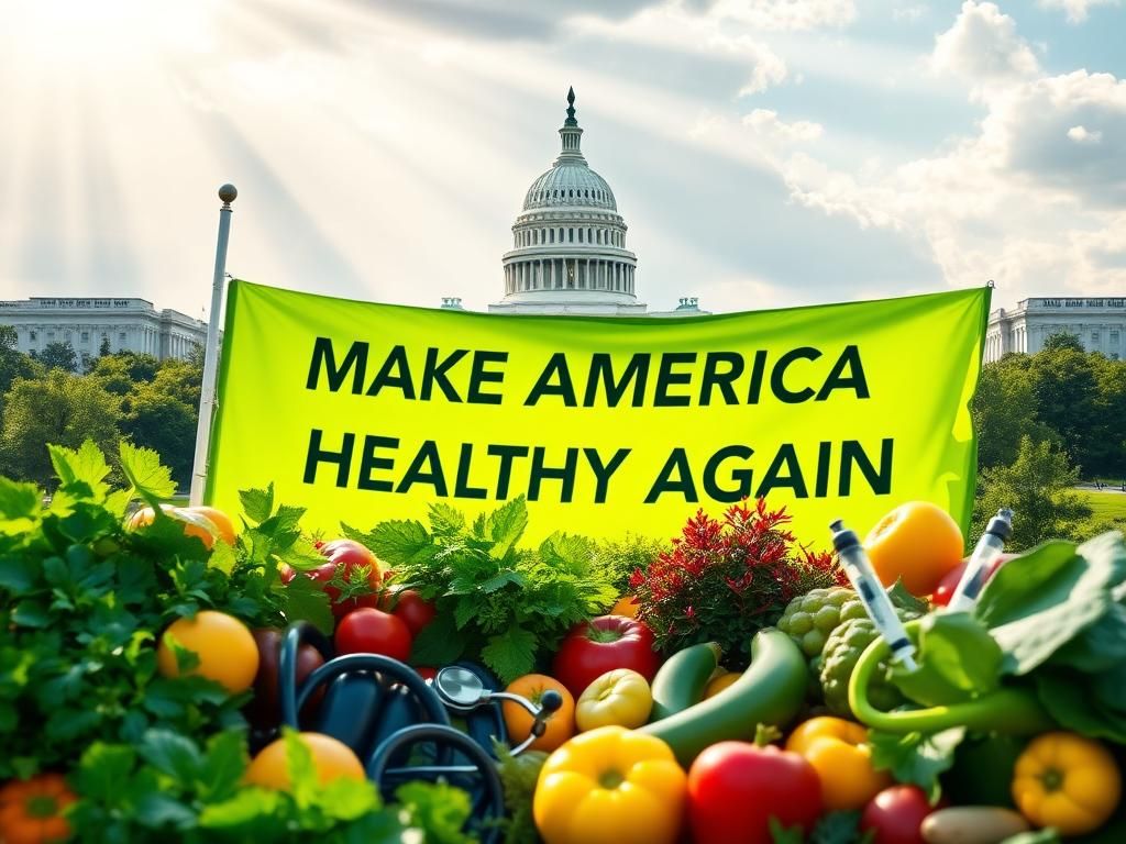 Flick International A vibrant scene depicting the Capitol building with a 'Make America Healthy Again' banner symbolizing health advocacy