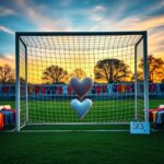 Flick International Tranquil soccer field with heart-shaped pillow against goalpost