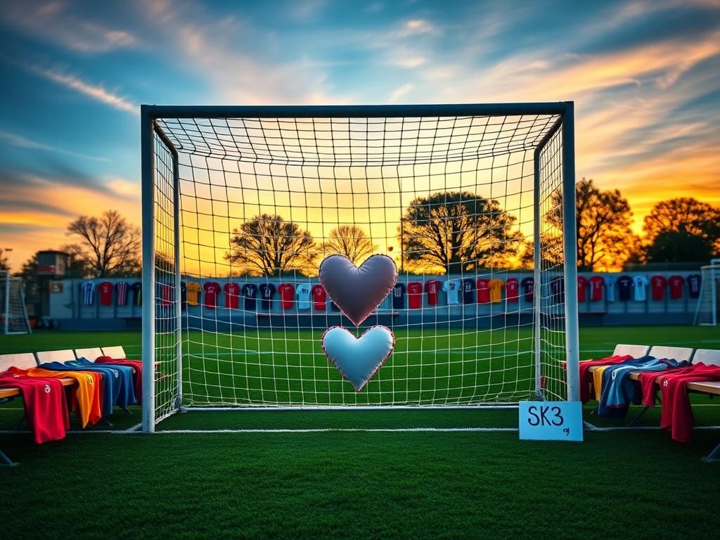 Flick International Tranquil soccer field with heart-shaped pillow against goalpost