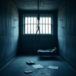 Flick International Dimly lit prison cell with ominous noose and stark concrete walls