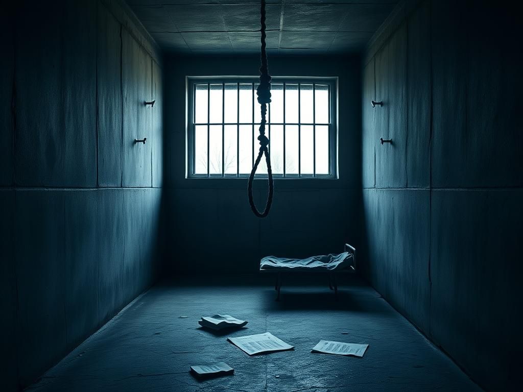 Flick International Dimly lit prison cell with ominous noose and stark concrete walls