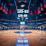 Flick International Dynamic basketball court scene celebrating Oklahoma City Thunder's victory over Nuggets
