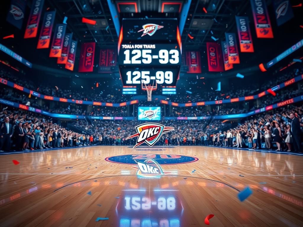 Flick International Dynamic basketball court scene celebrating Oklahoma City Thunder's victory over Nuggets