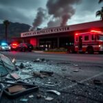 Flick International Aftermath of the Palm Springs fertility clinic bombing showing shattered glass and debris