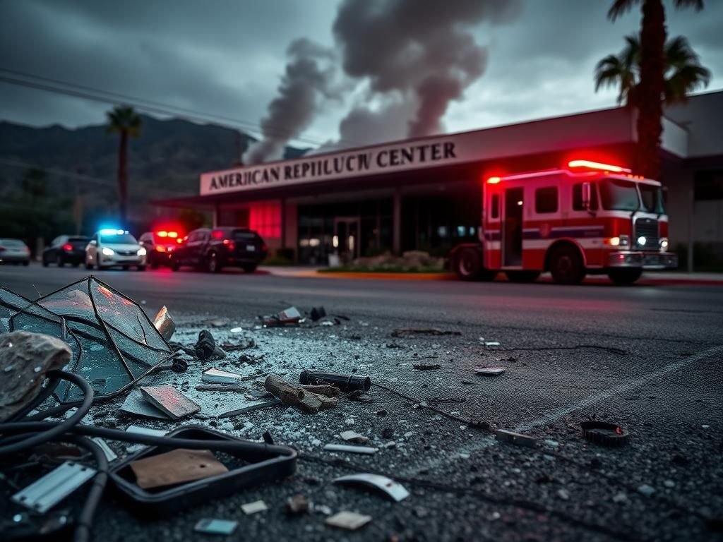 Flick International Aftermath of the Palm Springs fertility clinic bombing showing shattered glass and debris