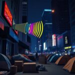 Flick International Downtown Los Angeles street scene with loudspeaker playing 'Baby Shark' near homeless encampment