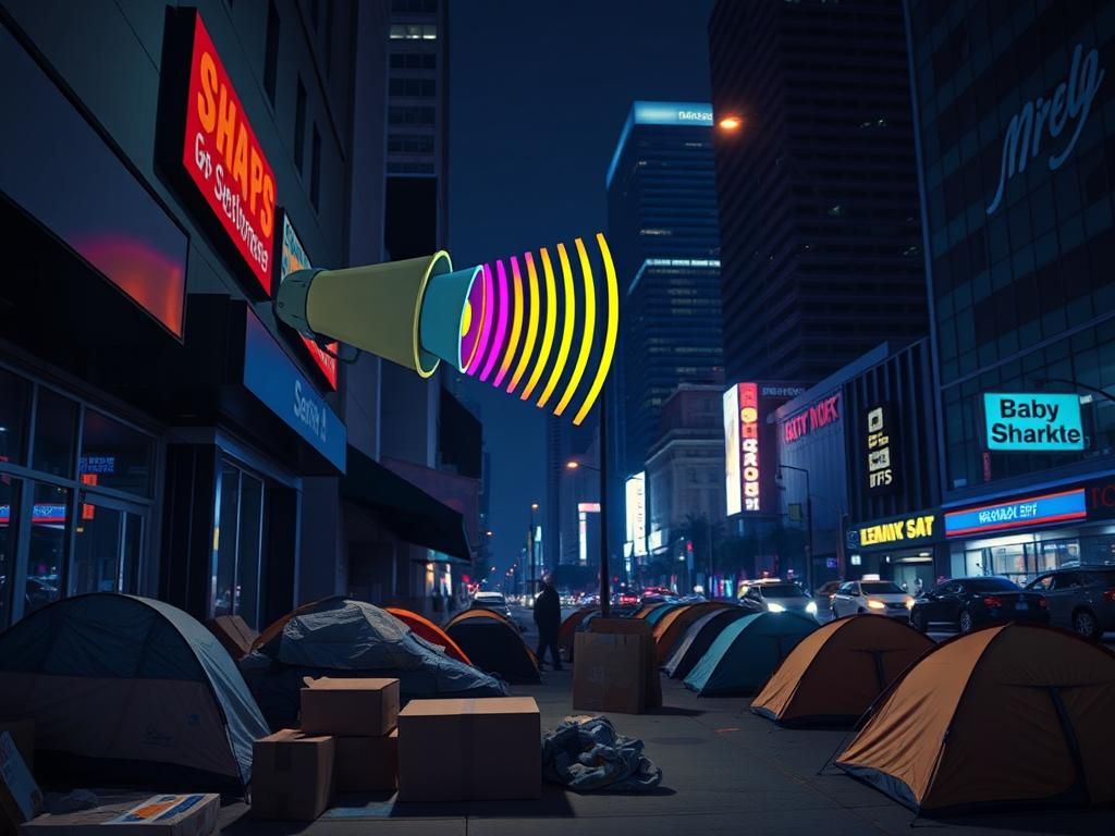 Flick International Downtown Los Angeles street scene with loudspeaker playing 'Baby Shark' near homeless encampment
