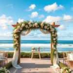 Flick International Intimate wedding setting in Laguna Beach with wooden arch and white roses