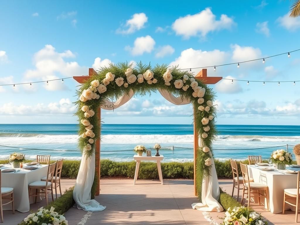 Flick International Intimate wedding setting in Laguna Beach with wooden arch and white roses