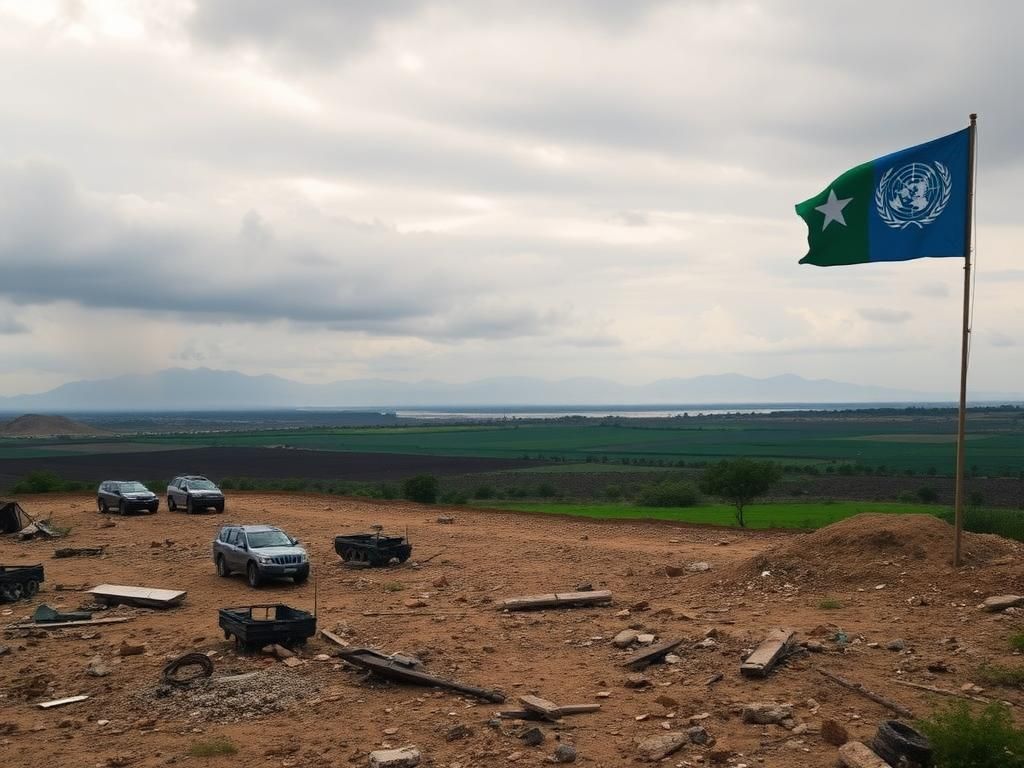 Flick International A rugged landscape of Somalia depicting remnants of military conflict and hope for recovery.