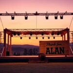 Flick International Twilight scene of an empty outdoor concert stage with a sign saying 'Thank You, Alan'