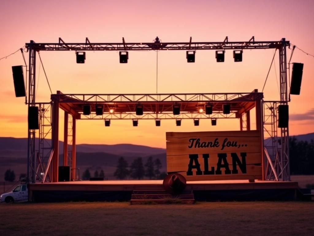 Flick International Twilight scene of an empty outdoor concert stage with a sign saying 'Thank You, Alan'