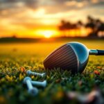 Flick International Close-up view of a golf driver lying on a pristine green at sunset