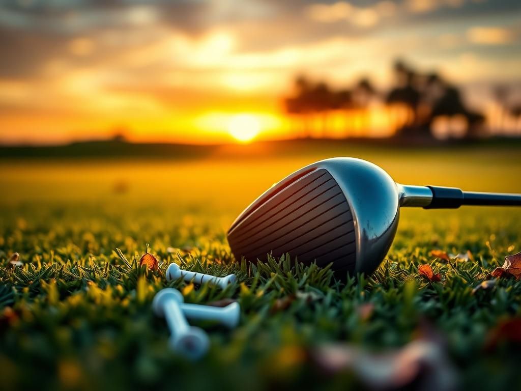 Flick International Close-up view of a golf driver lying on a pristine green at sunset