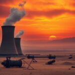 Flick International A dramatic Iranian desert landscape under dusky skies with cooling towers symbolizing nuclear energy.