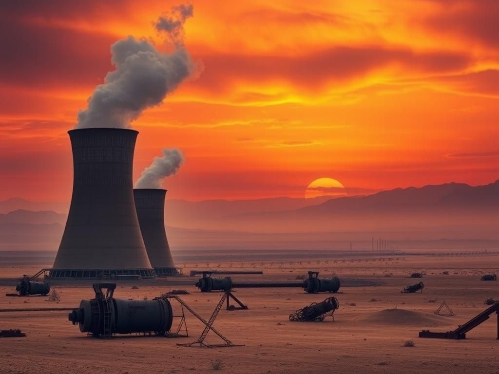 Flick International A dramatic Iranian desert landscape under dusky skies with cooling towers symbolizing nuclear energy.