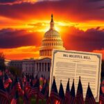 Flick International A dramatic sunset view of the U.S. Capitol with a legislative bill in the foreground