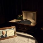 Flick International Open casket in a dimly lit mortuary with floral arrangement and pressed suit