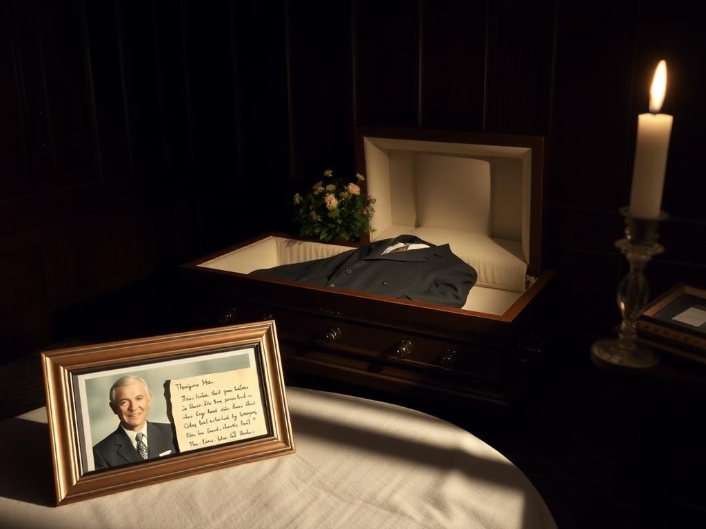 Flick International Open casket in a dimly lit mortuary with floral arrangement and pressed suit