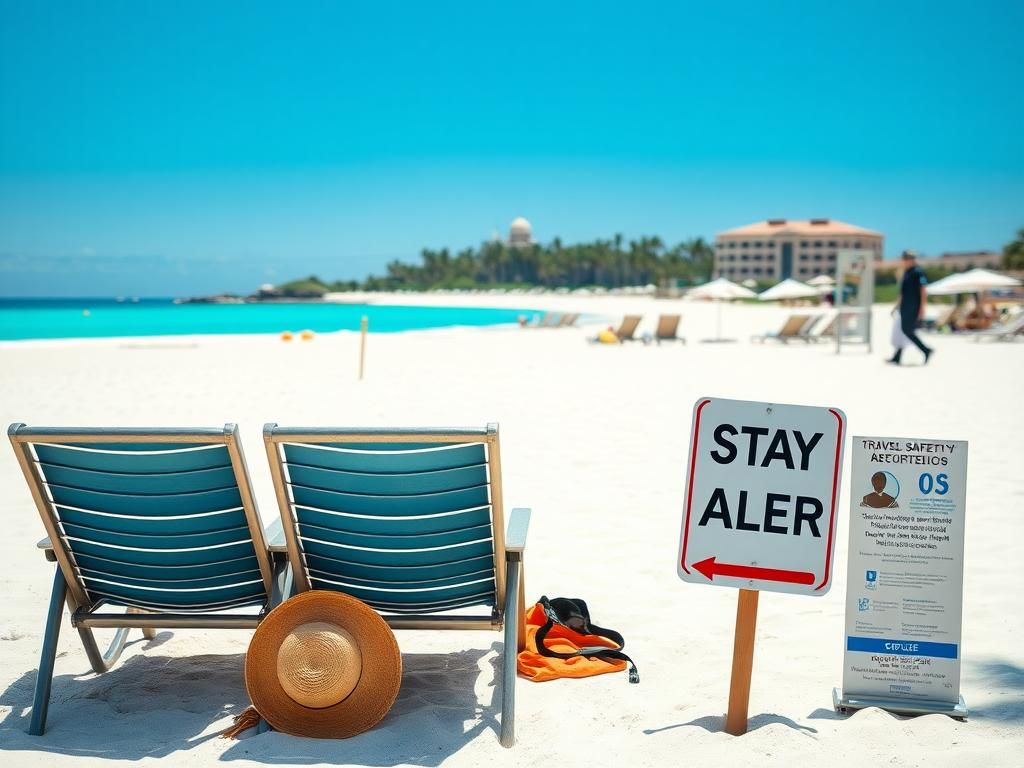 Flick International A serene beach scene in Mexico with empty beach chairs and personal belongings, reflecting the need for caution amidst vacation enjoyment.