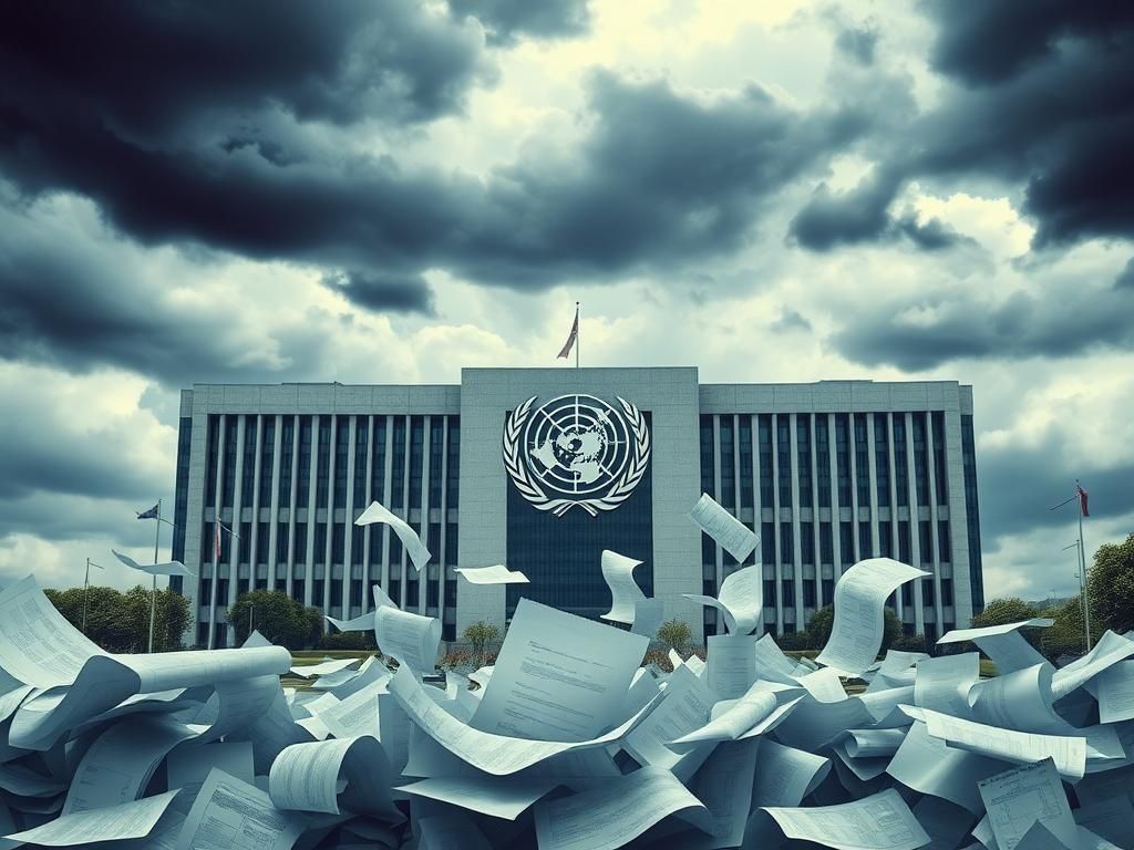 Flick International United Nations building amid dark storm clouds symbolizing urgent reform needs