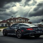 Flick International Luxurious mansion under dark storm clouds with an expensive car in the foreground