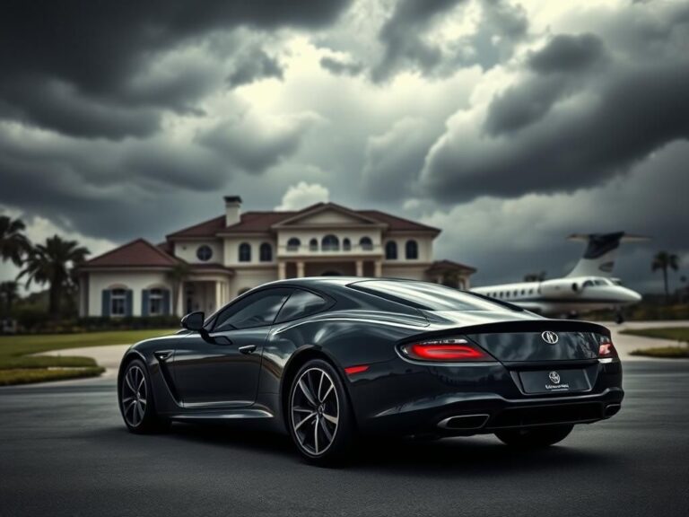 Flick International Luxurious mansion under dark storm clouds with an expensive car in the foreground