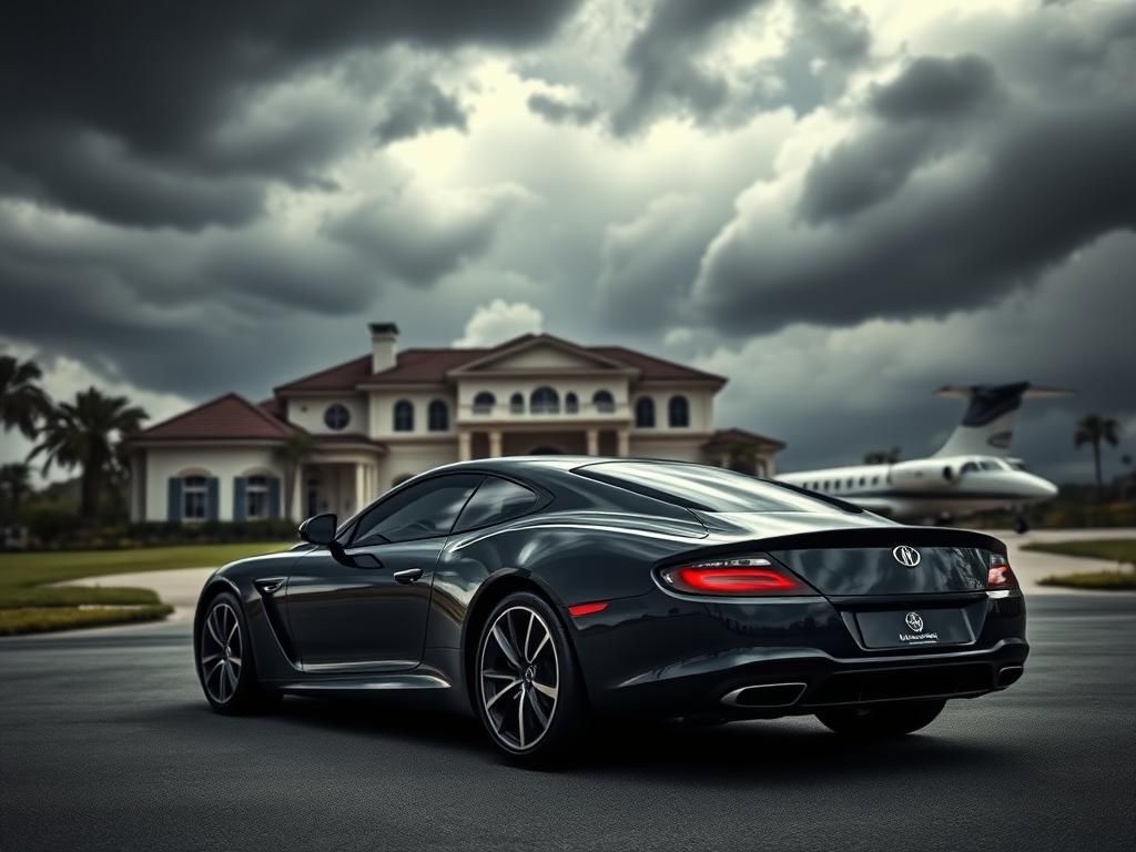 Flick International Luxurious mansion under dark storm clouds with an expensive car in the foreground