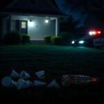 Flick International A nighttime scene outside a suburban house with signs of a chaotic party