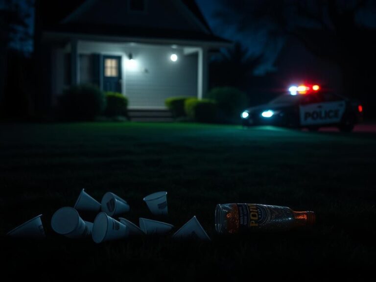 Flick International A nighttime scene outside a suburban house with signs of a chaotic party