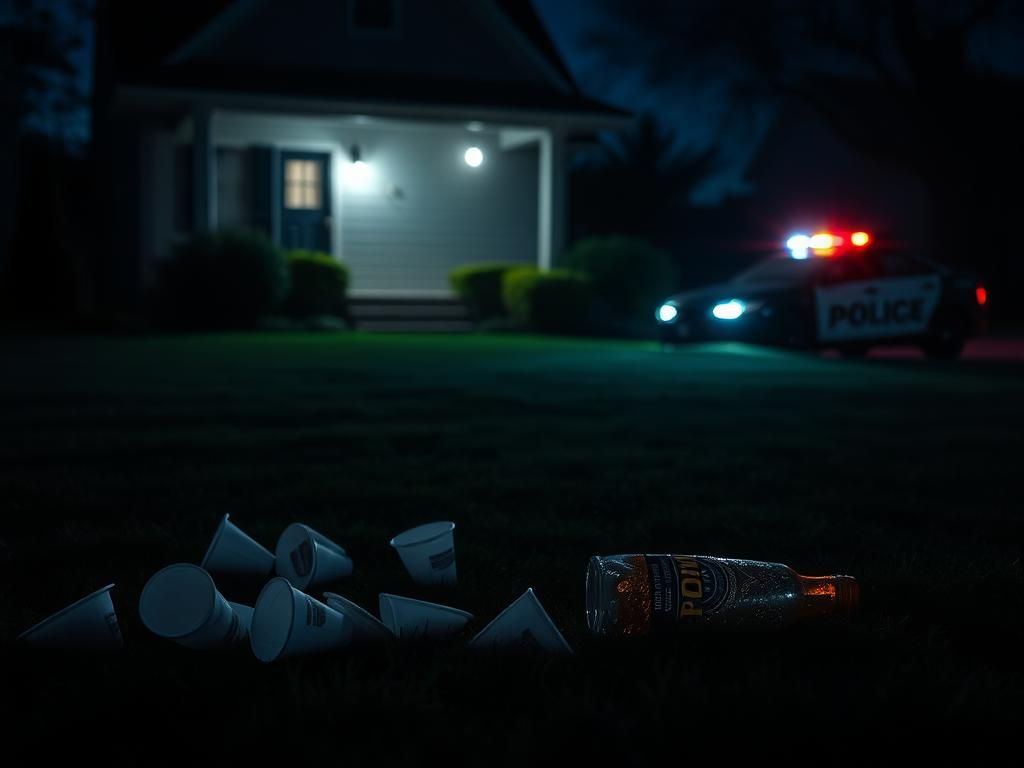 Flick International A nighttime scene outside a suburban house with signs of a chaotic party