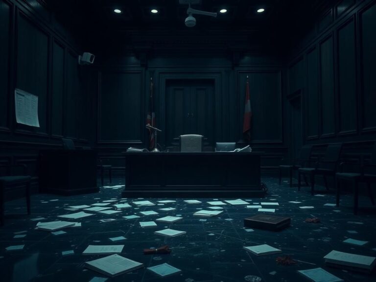 Flick International Dimly lit courthouse interior with large desk and legal files