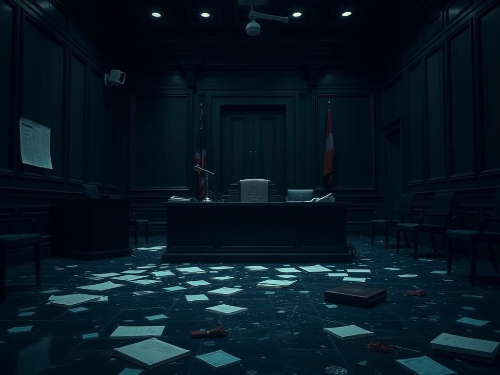 Flick International Dimly lit courthouse interior with large desk and legal files