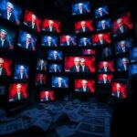 Flick International Dimly lit room with chaotic television screens displaying distorted video clips of a politician
