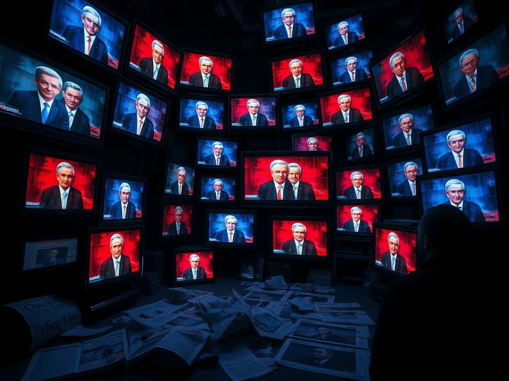 Flick International Dimly lit room with chaotic television screens displaying distorted video clips of a politician