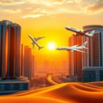 Flick International Vibrant landscape showcasing a modern Middle Eastern city with luxurious skyscrapers and traditional elements at sunset