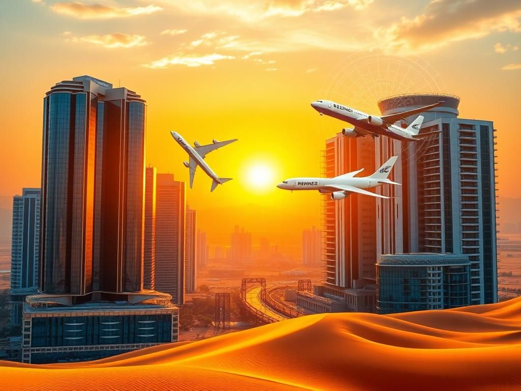 Flick International Vibrant landscape showcasing a modern Middle Eastern city with luxurious skyscrapers and traditional elements at sunset