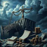 Flick International Dramatic depiction of a crumbling financial structure symbolizing the U.S. economy with overflowing national debt and broken chains.