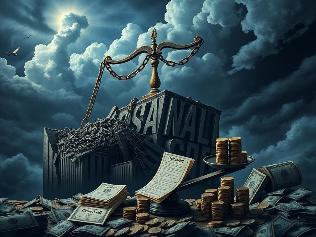 Flick International Dramatic depiction of a crumbling financial structure symbolizing the U.S. economy with overflowing national debt and broken chains.
