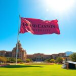 Flick International A modern university campus with a Grand Canyon University banner and clear blue sky