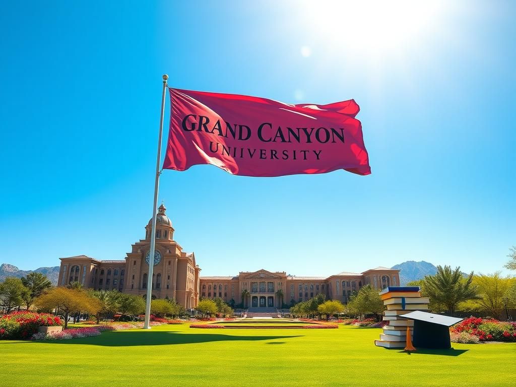 Flick International A modern university campus with a Grand Canyon University banner and clear blue sky