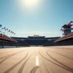 Flick International Dynamic scene of the Indy 500 racetrack with colorful flags and tire tracks