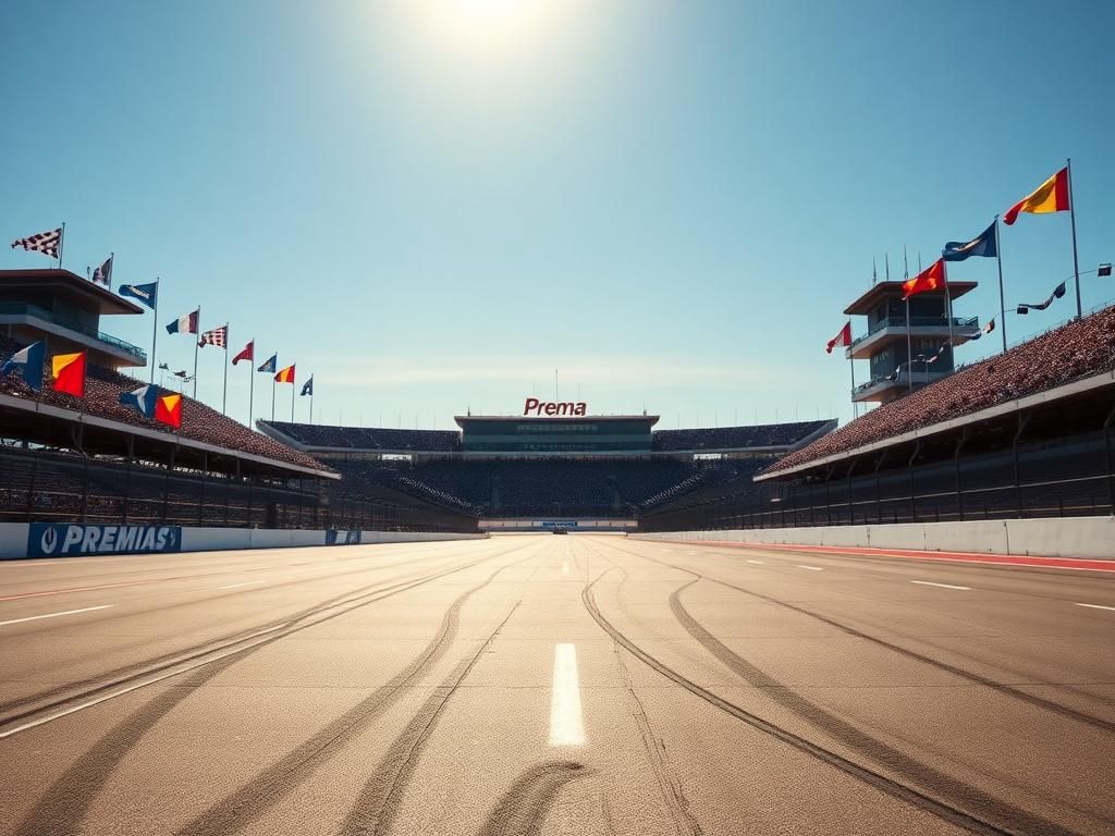 Flick International Dynamic scene of the Indy 500 racetrack with colorful flags and tire tracks