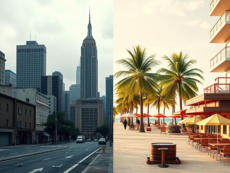 Flick International Split image showing contrasting urban landscapes of New York City and Miami, showcasing themes of migration and economic shifts.