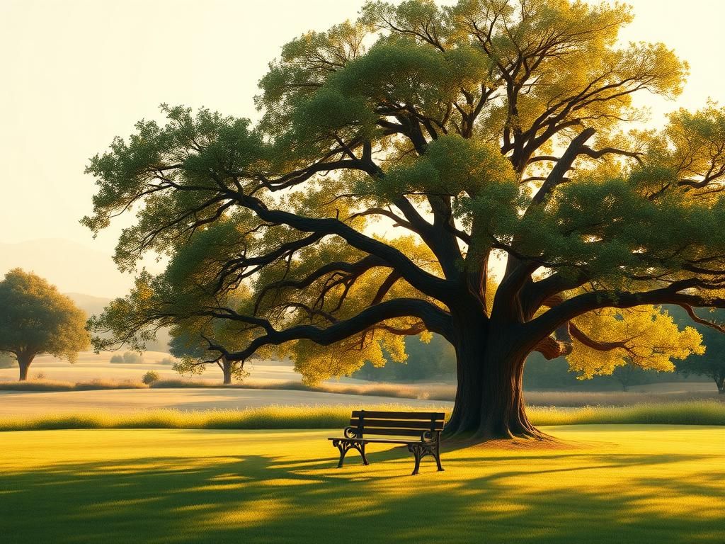 Flick International A serene park landscape with an old oak tree symbolizing strength and resilience