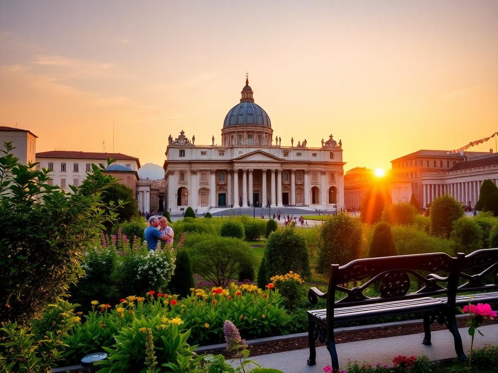 Flick International Serene view of the Vatican with St. Peter's Basilica and vibrant gardens at sunset