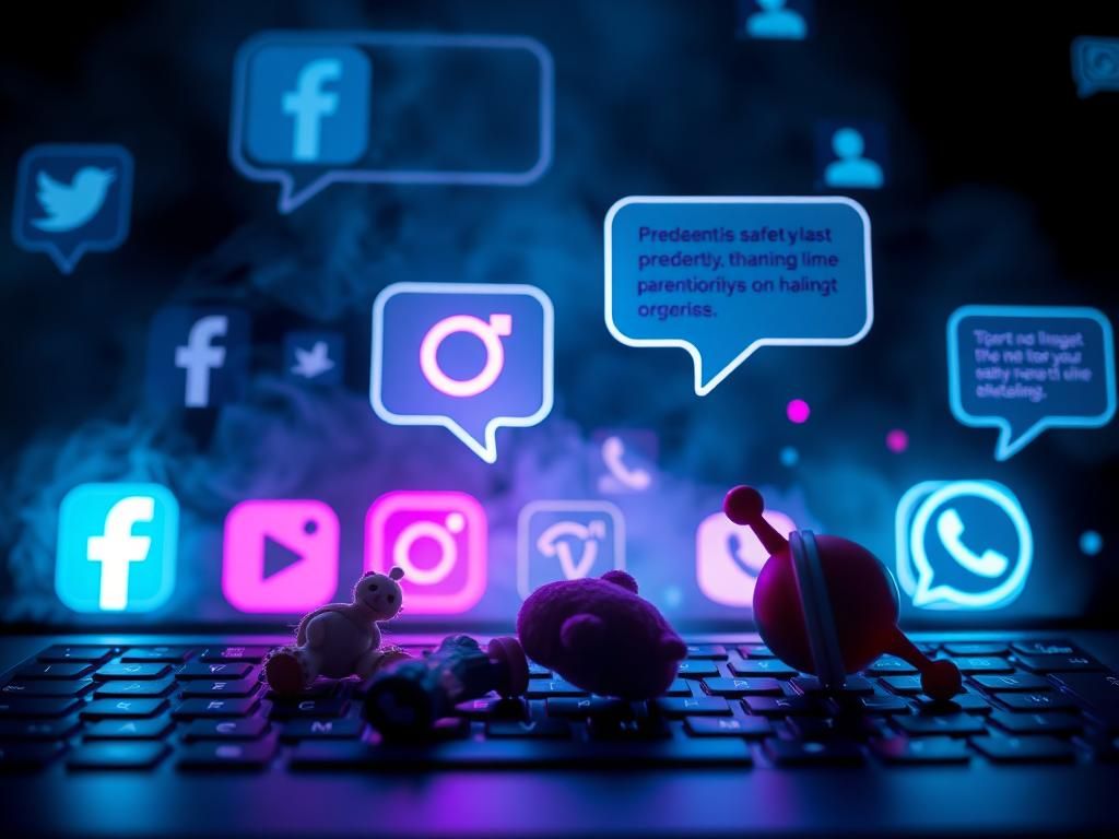 Flick International A dark landscape depicting children's toys amidst social media icons representing online dangers