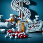 Flick International Close-up of prescription pill bottles with a dollar sign made of pills in the background